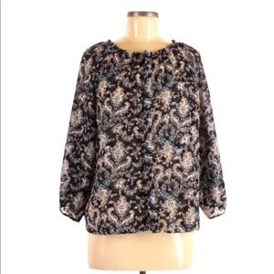 Swildens XXX 2 (M) black floral 3/4 sleeve button‎ up crop textured peasant top